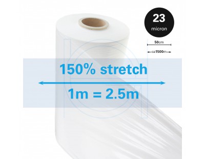 Machine stretch film 150% Standard white 23µm / 50cm / 1.500m Stretch film rolls